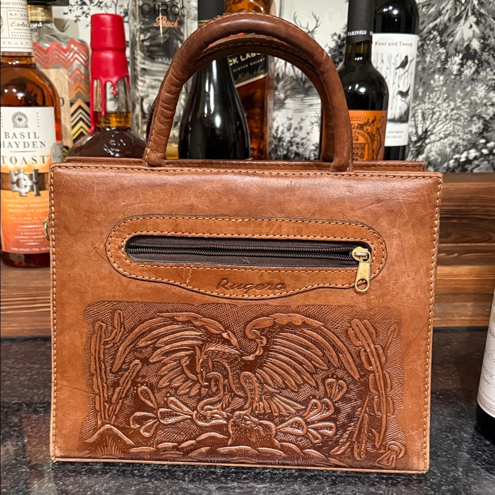 Rugged Brown Leather Handbag with Embossed Eagle Design